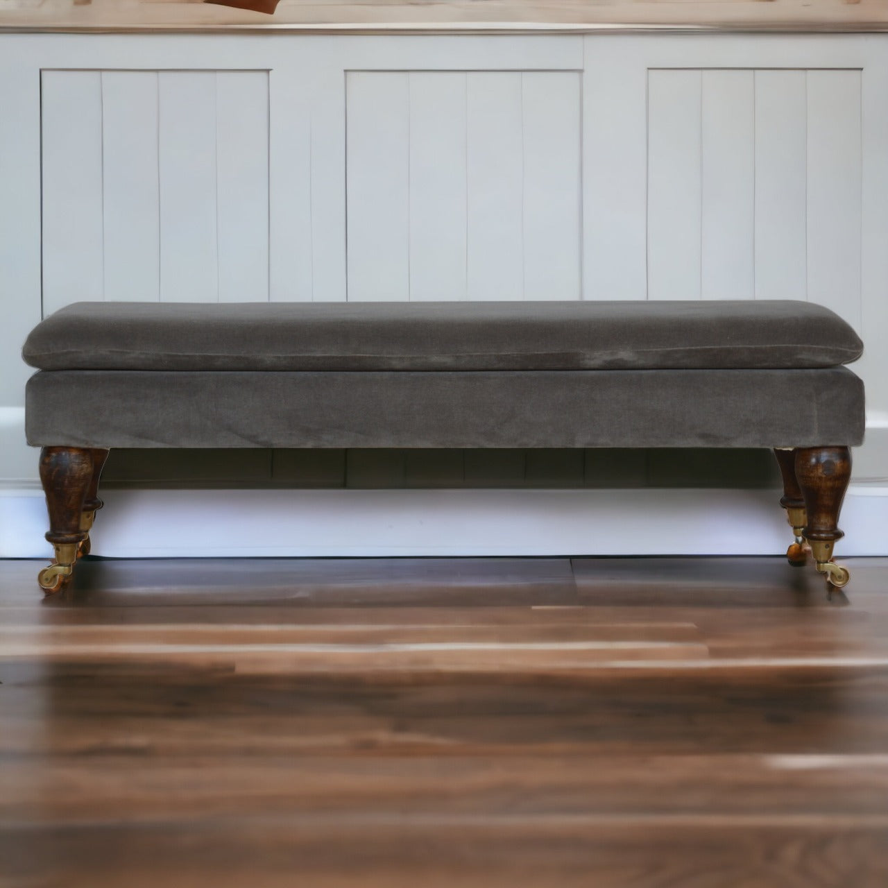 Grey Velvet Bench with Castor Feet