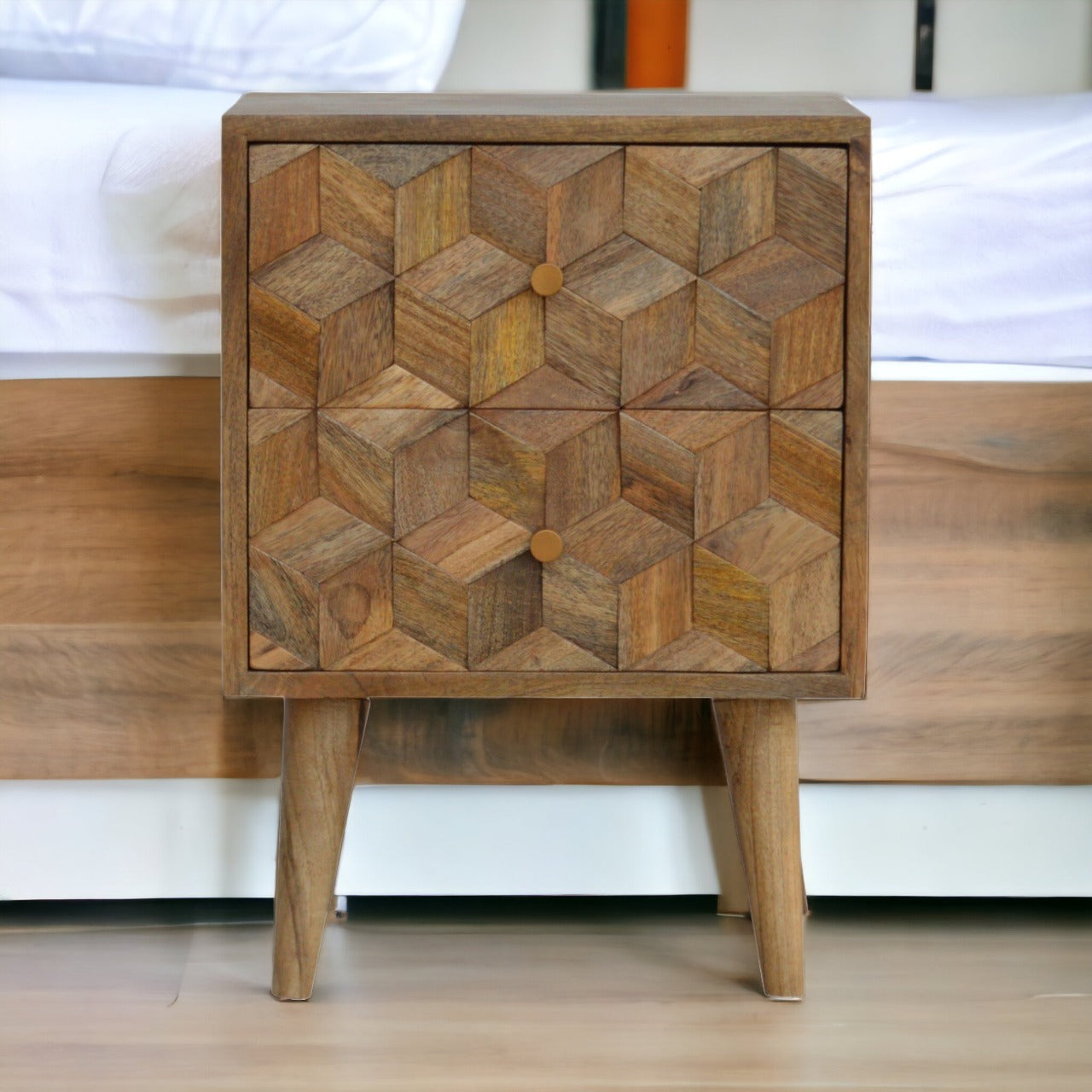 Cube Carved 2 Drawer Bedside