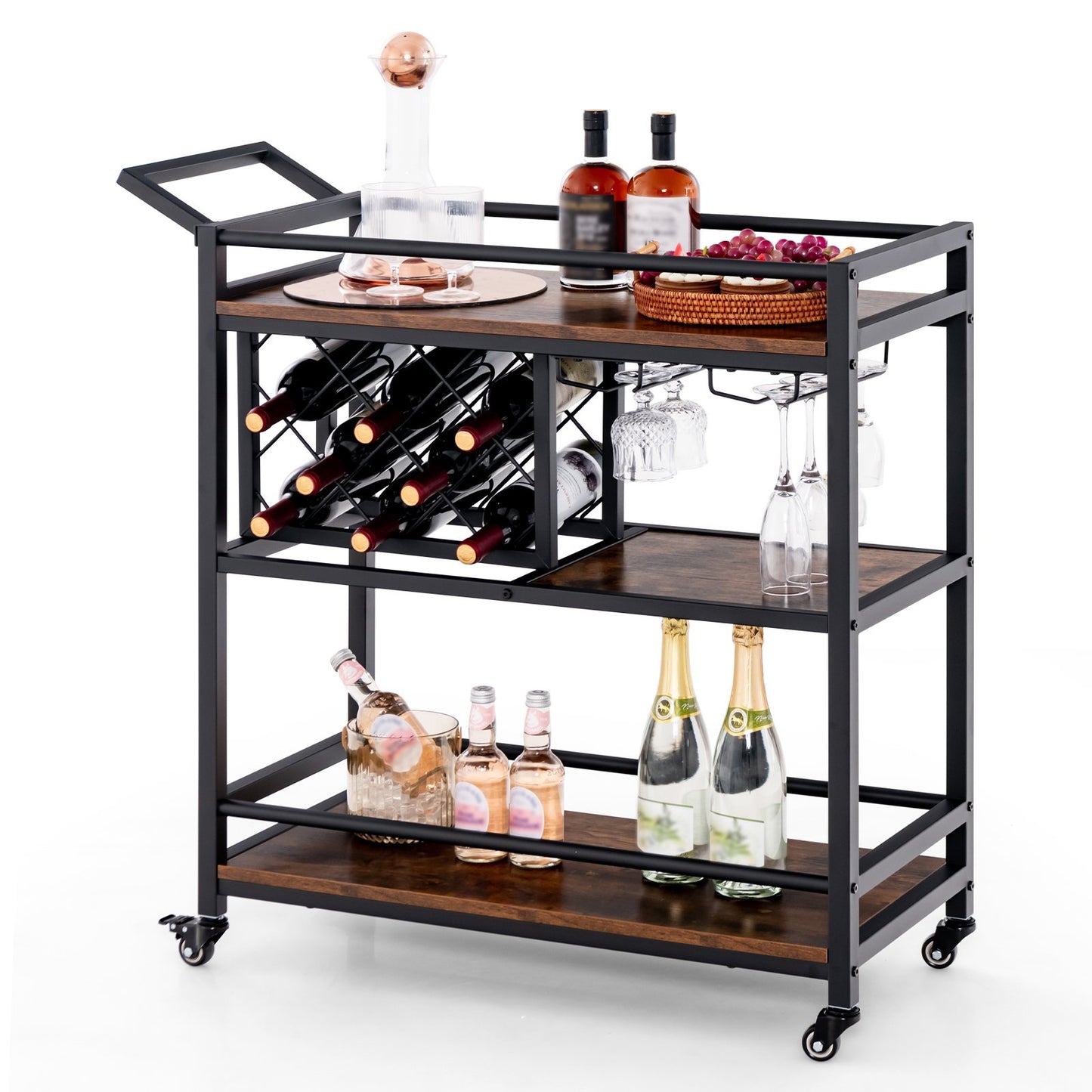 3-Tier Bar Cart Serving Cart w/Wine Racks and Glass Holders-Walnut
