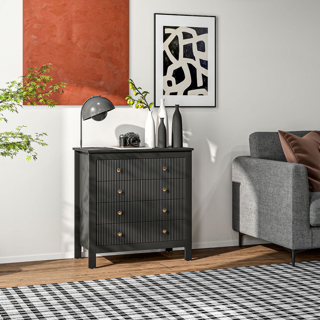 HOMCOM Fluted Bedroom Chest of Drawers w/ 5 Drawers Gold Tone Handles