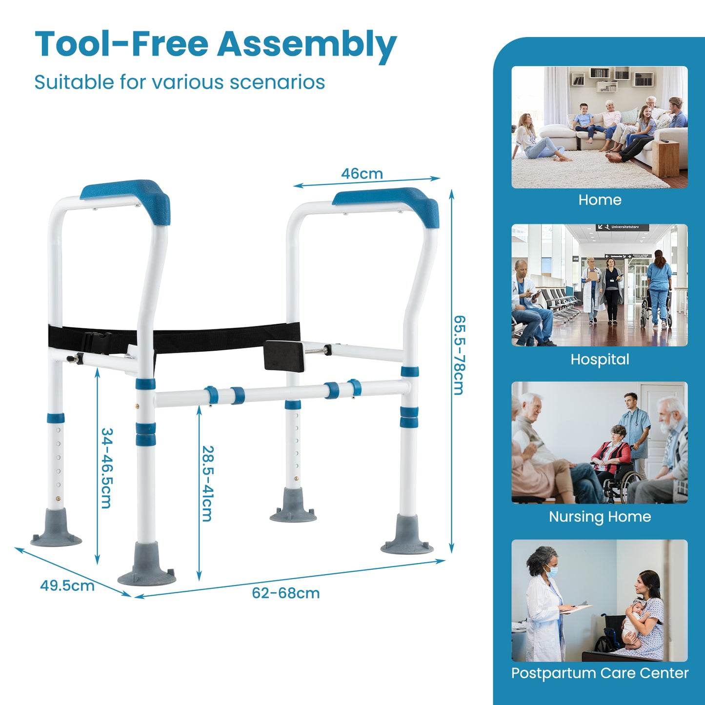 Stand Alone Toilet Safety Frame with Adjustable Height and Width-Grey