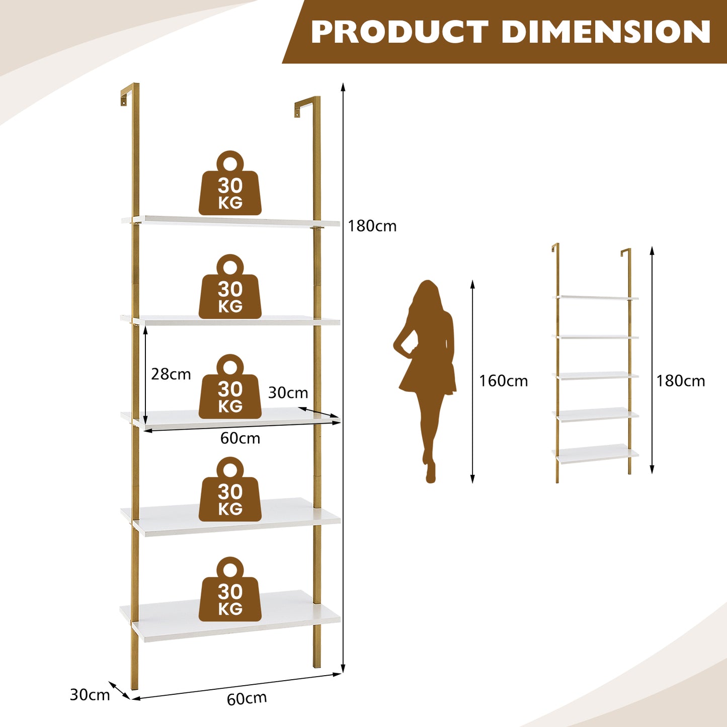 5-Tier Ladder Shelf with Steel Frame for Living Room Bedroom Office-Coffee