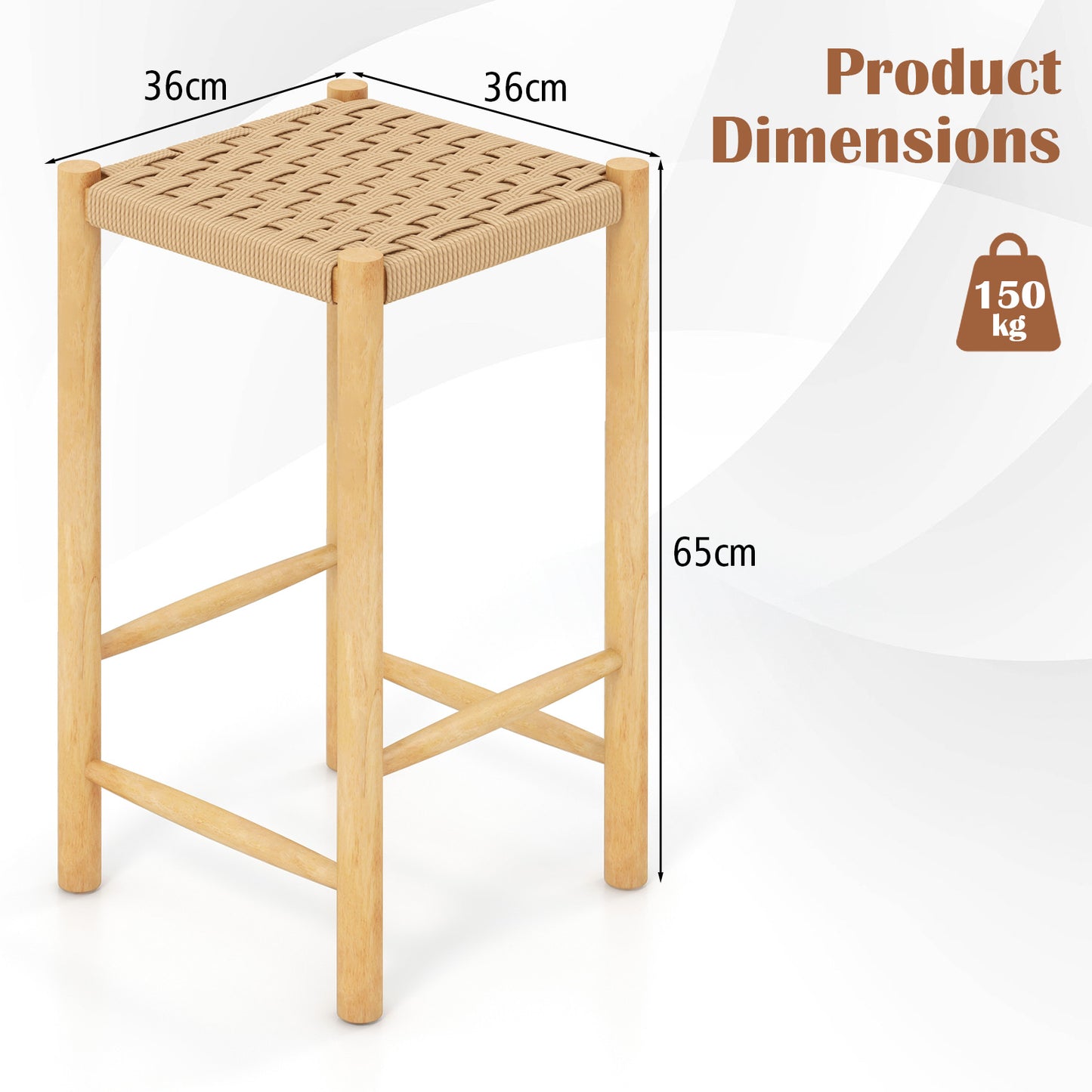 Dining Stool Set of 2 with Rubber Wood Frame and Woven Paper Seat-56 x 36 x 45cm