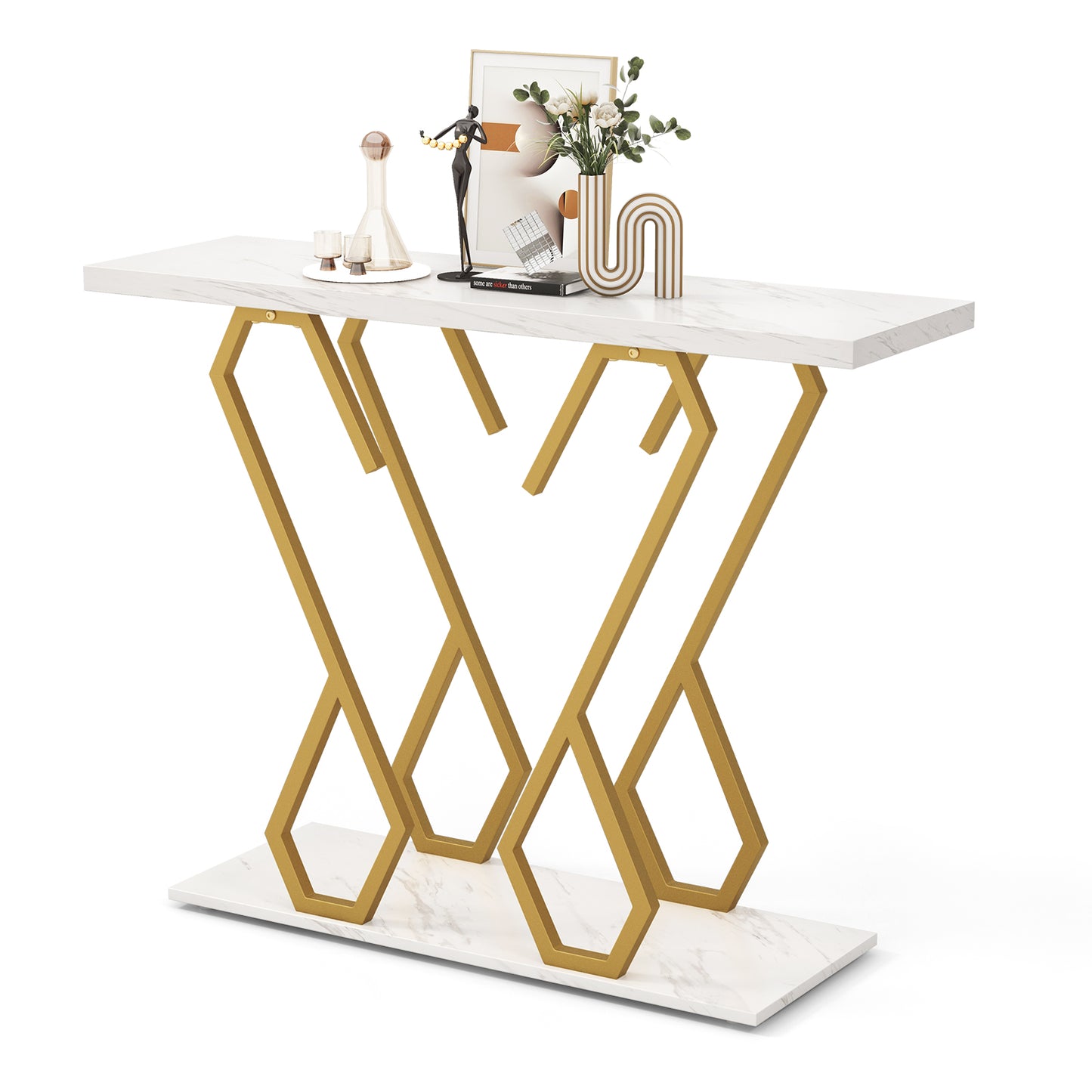 Faux Marble Console Table with Adjustable Foot Pads-Rustic Brown