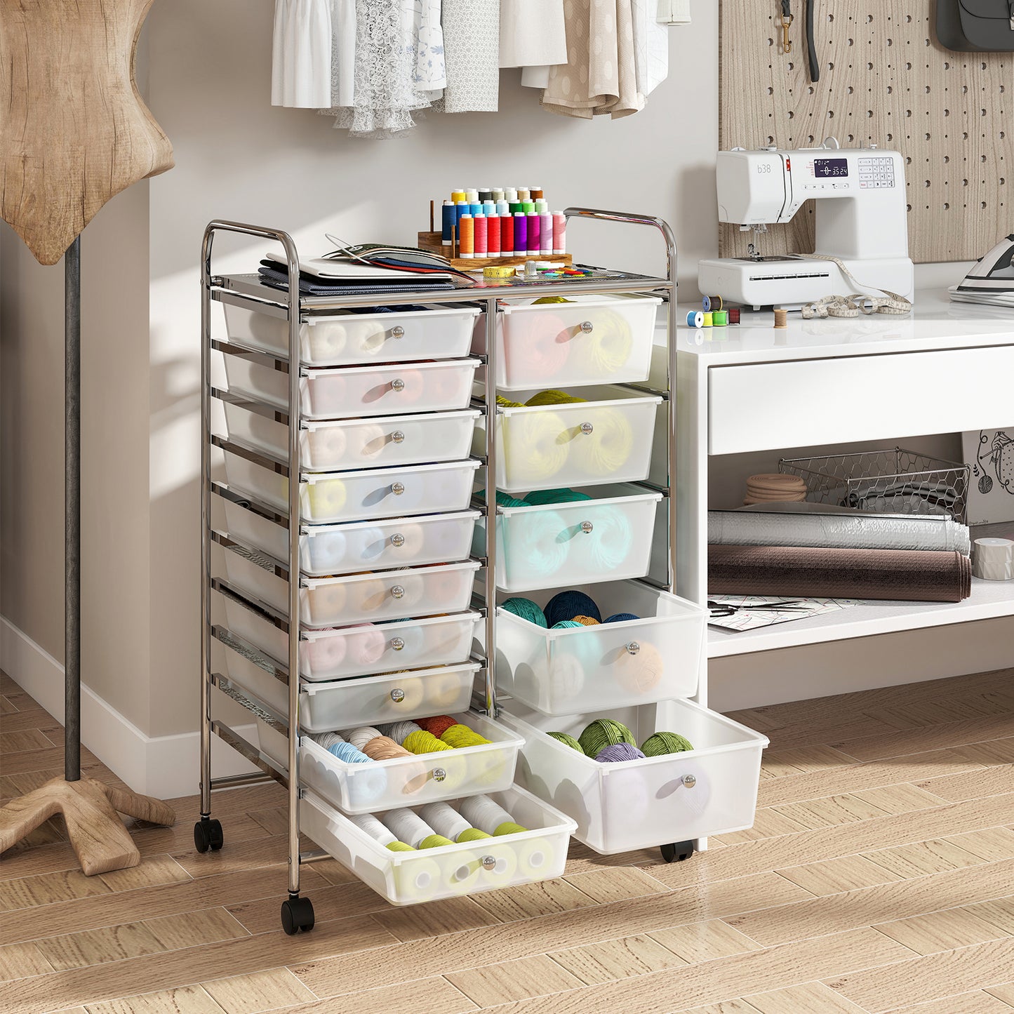 15-Drawer Rolling Storage Cart with Lockable Wheels and Removable Drawers-Black