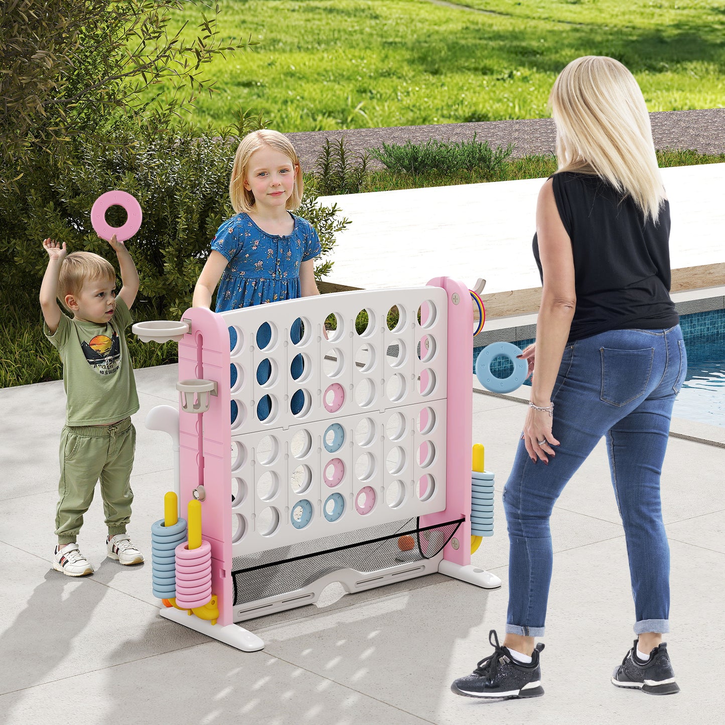 Jumbo 4-in-a Row Game Set with Basketball Hoop and 42 Rings-Green & White
