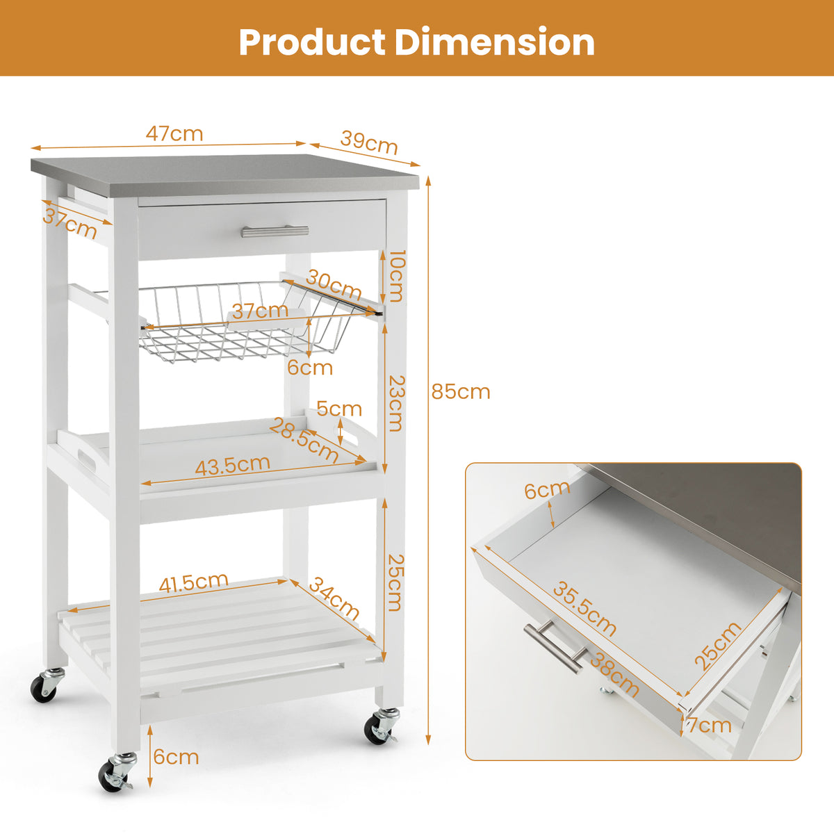 4-Tier Rolling Trolley Cart with Lock Wheels Basket and Drawer-Grey