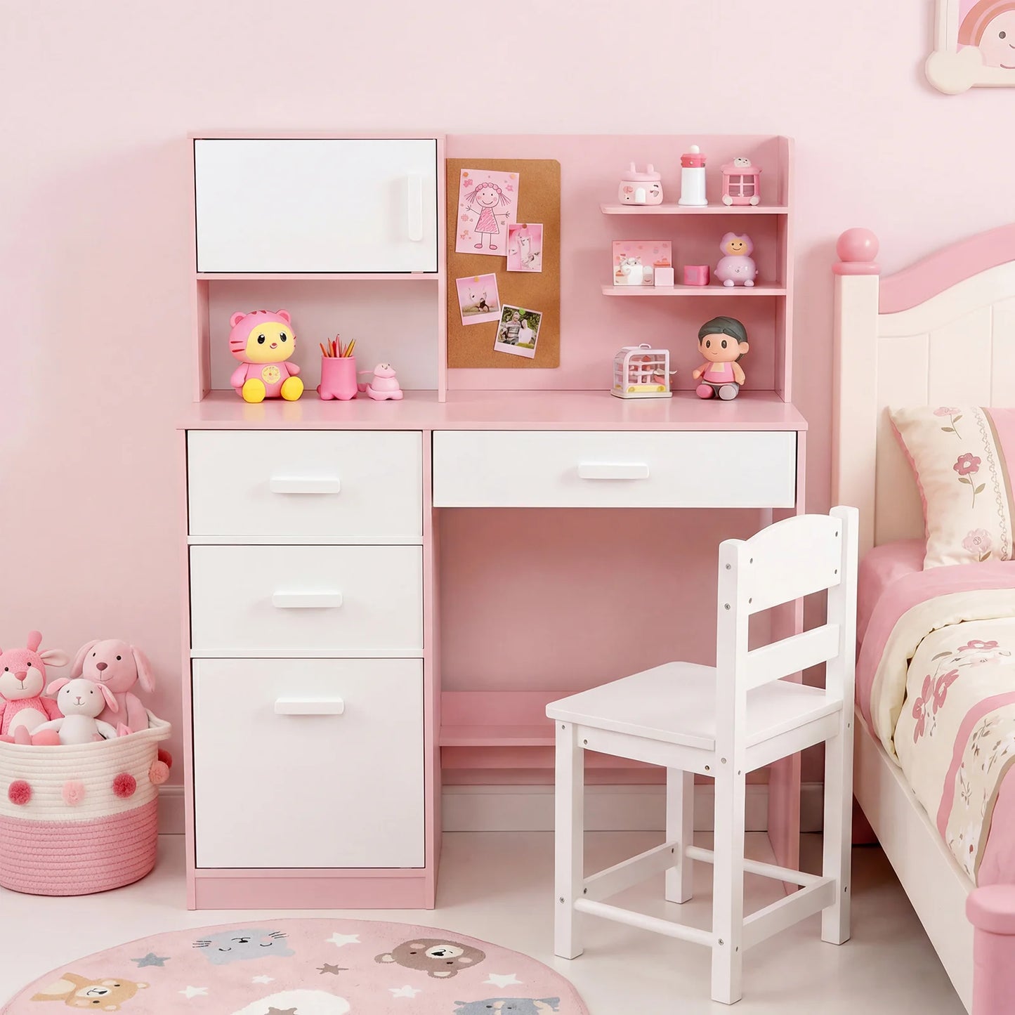 Kids Desk and Chair Set Study Table with Hutch Bulletin Board 3 Drawers-Grey