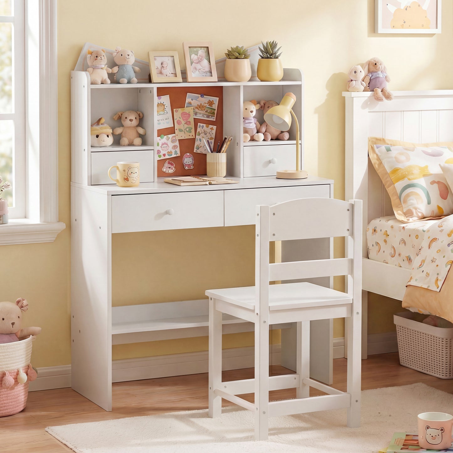 Kids Study Desk and Chair Set with Open Shelves and Cork Bulletin Board-Natural