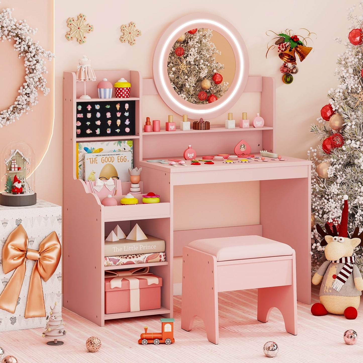 Kids Vanity Desk Princess Pretend Play Dressing Table Set with Mirror and Lights-White