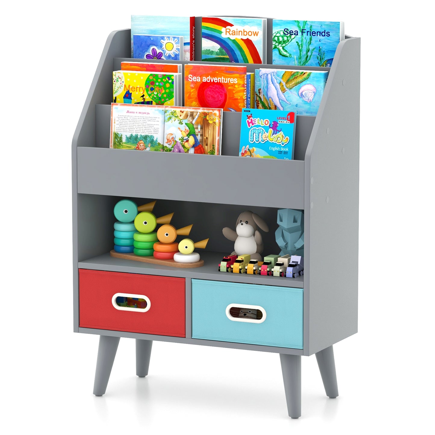Kids Bookshelf Wooden Book Display Rack with 3-Tier Bookshelves-White
