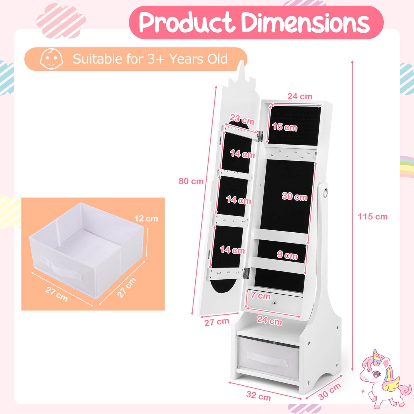 Kids Jewelry Armoire Cabinet Full Length Mirror with Tilt Angles-Pink