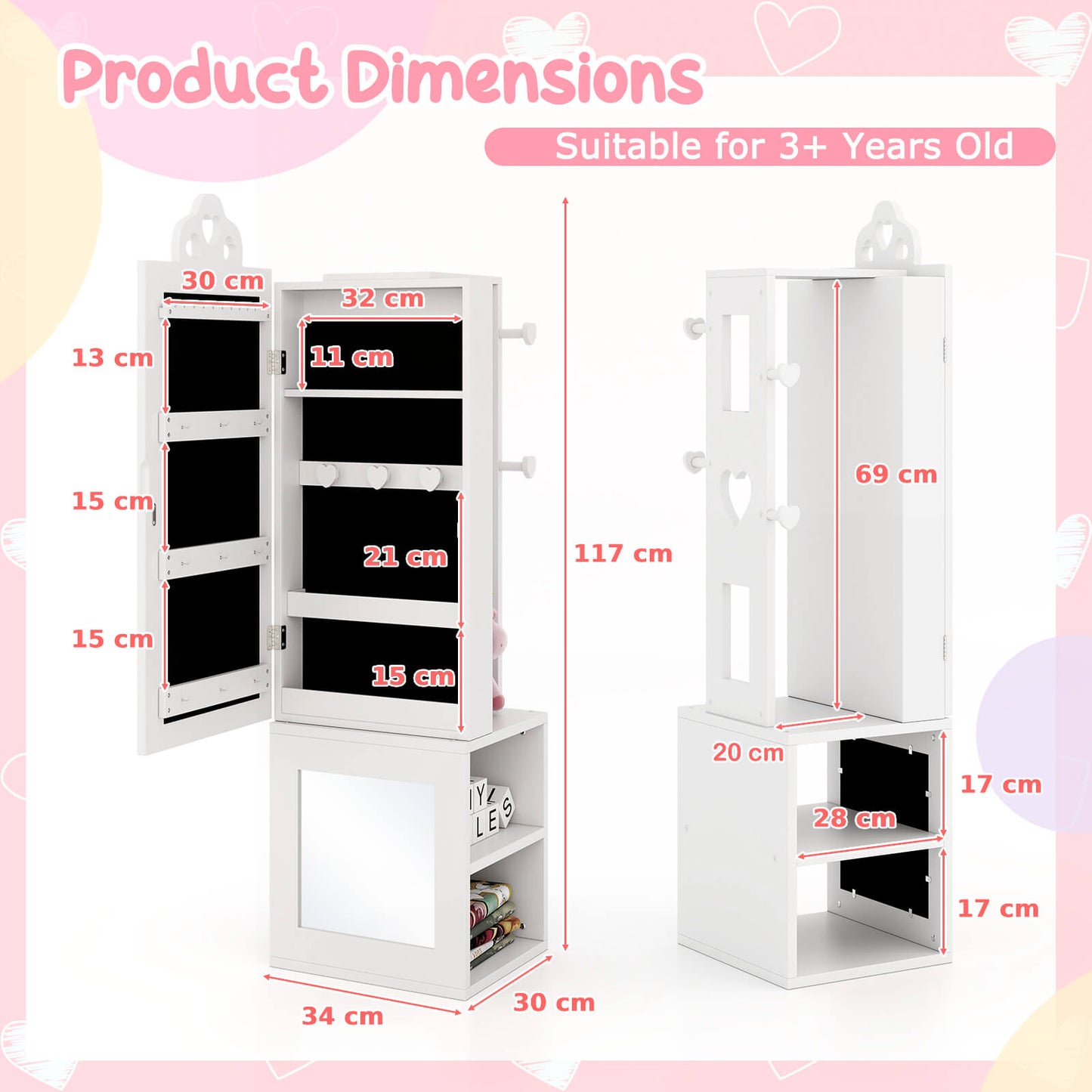 Kids Jewelry Armoire Full Length Mirror with Coat Rack and Storage Shelves-Pink