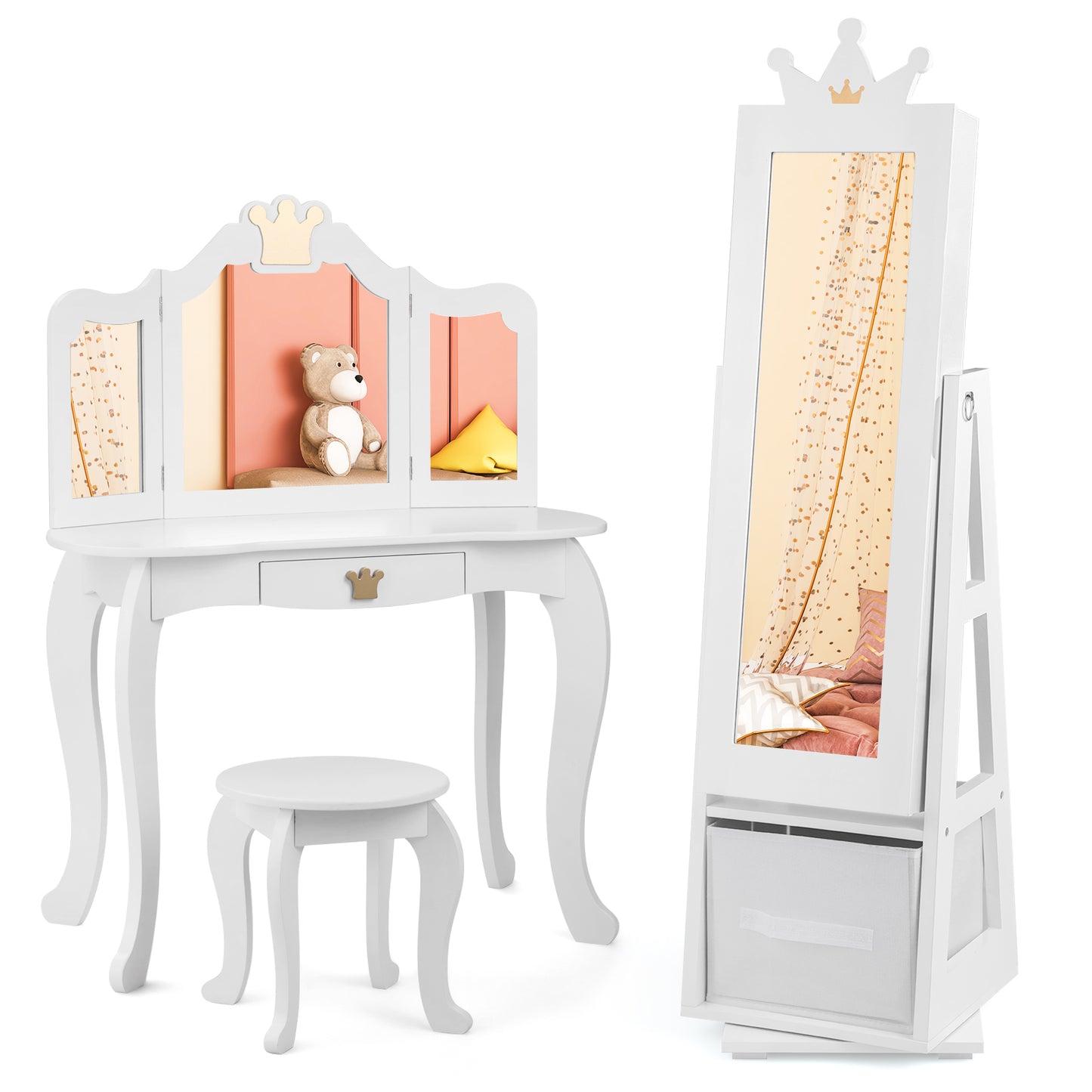 Kids Jewelry Cabinet Standing Jewelry Organizer with Full-Length Mirror-Pink