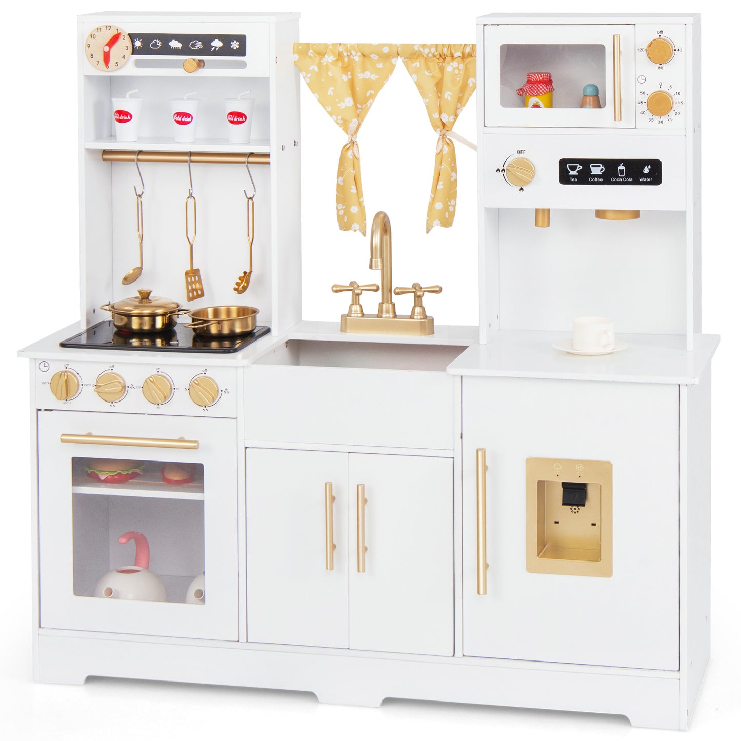 Kids Kitchen Playset with Coffee Maker and Stove Top and Golden Utensils-White