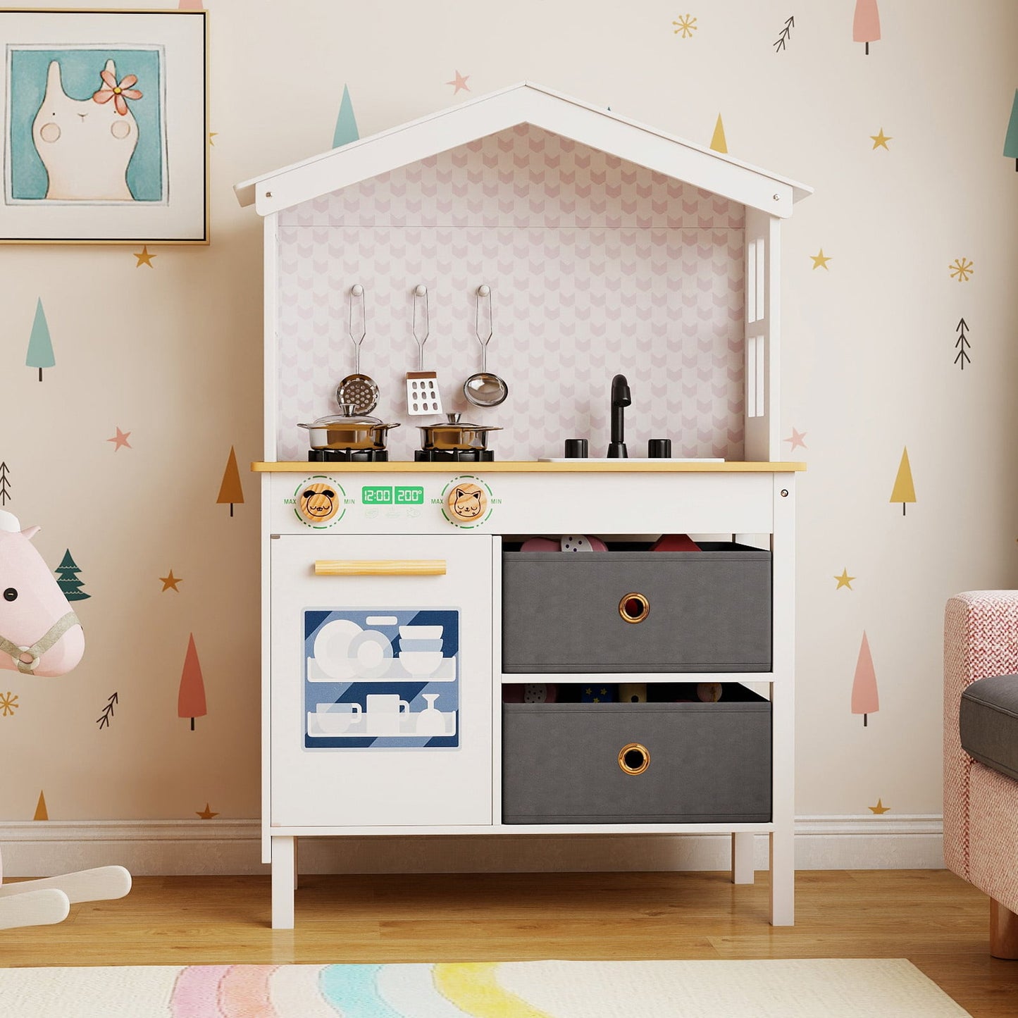 Kids Play Kitchen with 2 Stoves and Drawers and Dishwasher-Pink