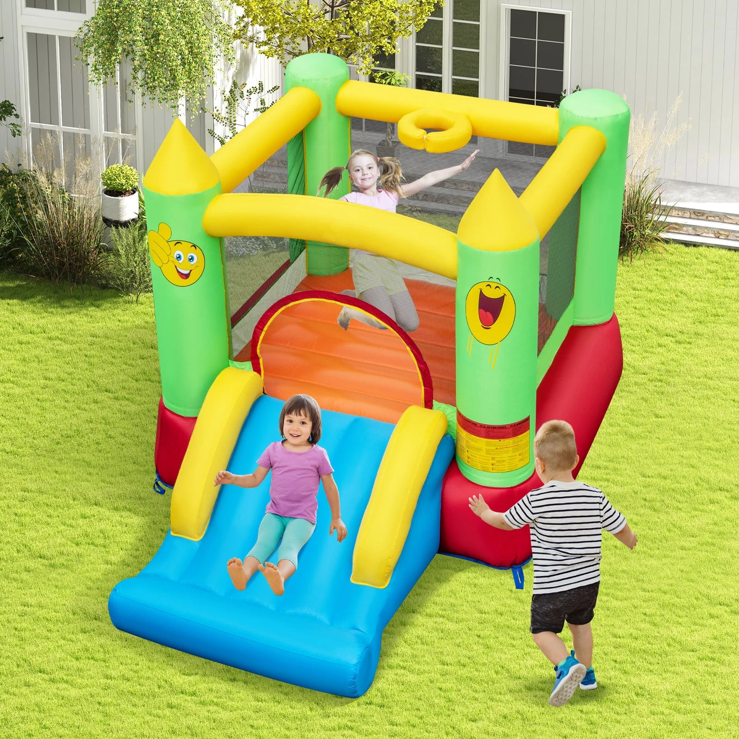 Kids Smiley Face Theme Inflatable Bounce House with Slide and Basketball Hoop (without Blower)