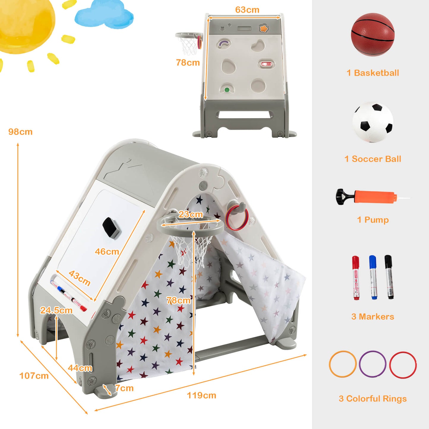 Kids Triangle Climber with Tent Cover and White Board-Grey