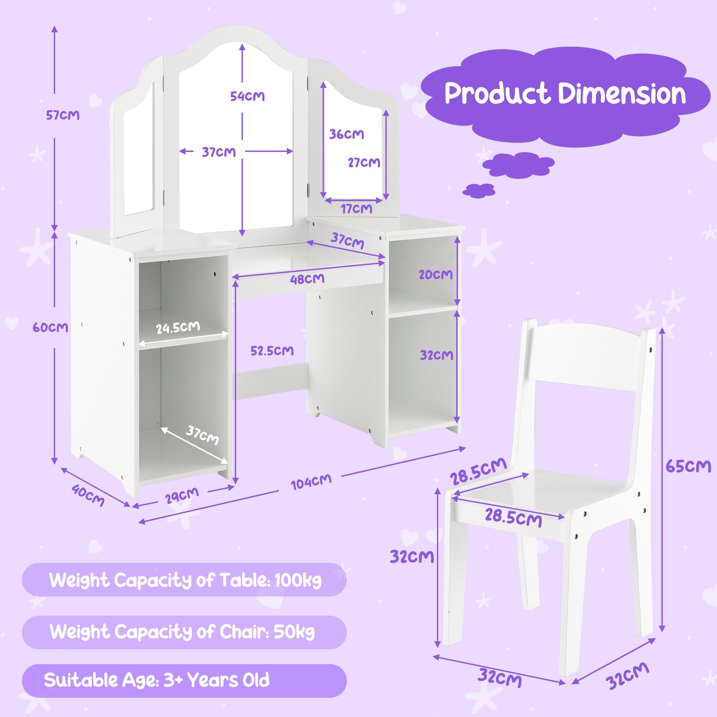 Kids Vanity Set with Tri-Folding Detachable Mirror-Pink