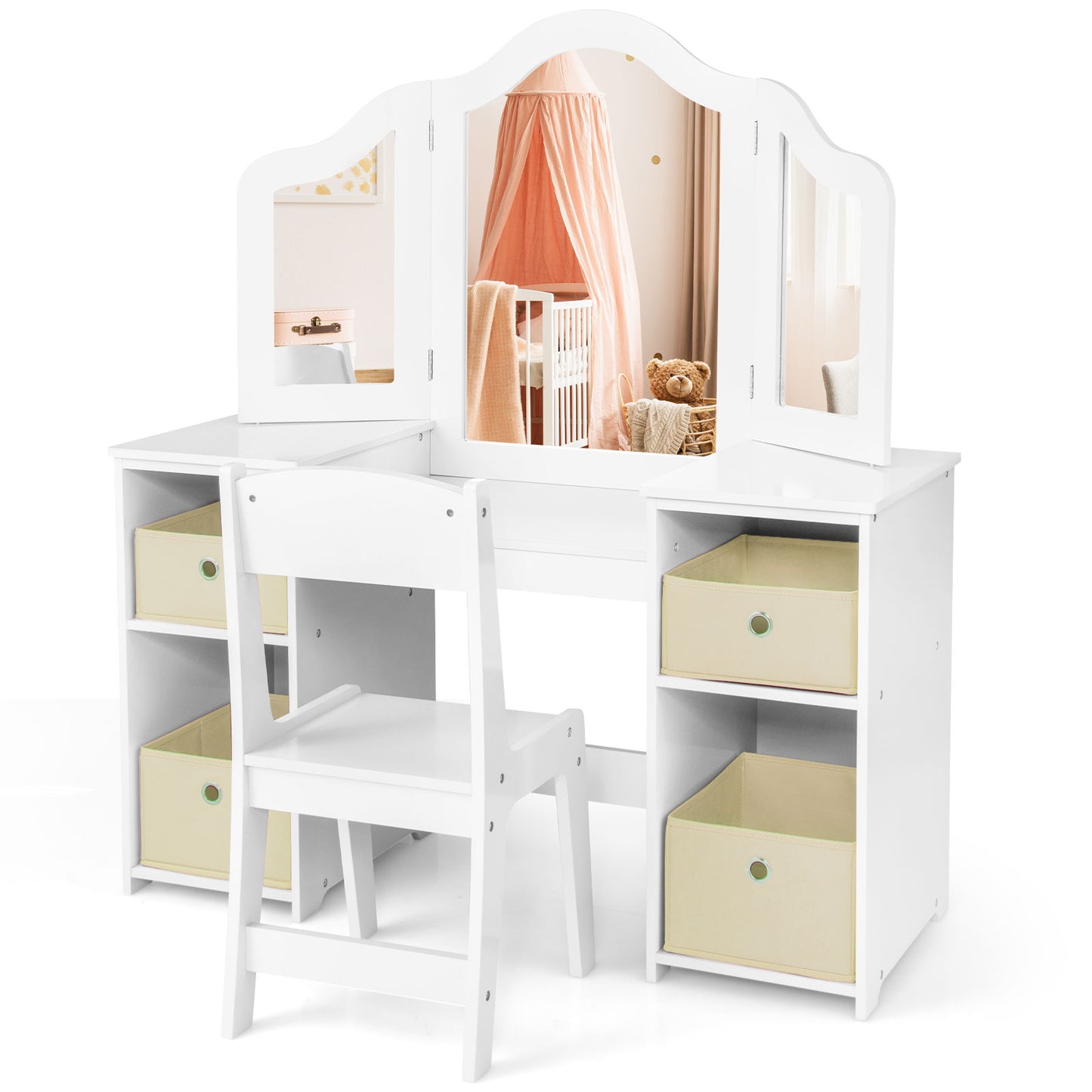 Kids Vanity Table and Chair Set with 3 Removable Mirrors and 4 Storage Bins for Children-Pink