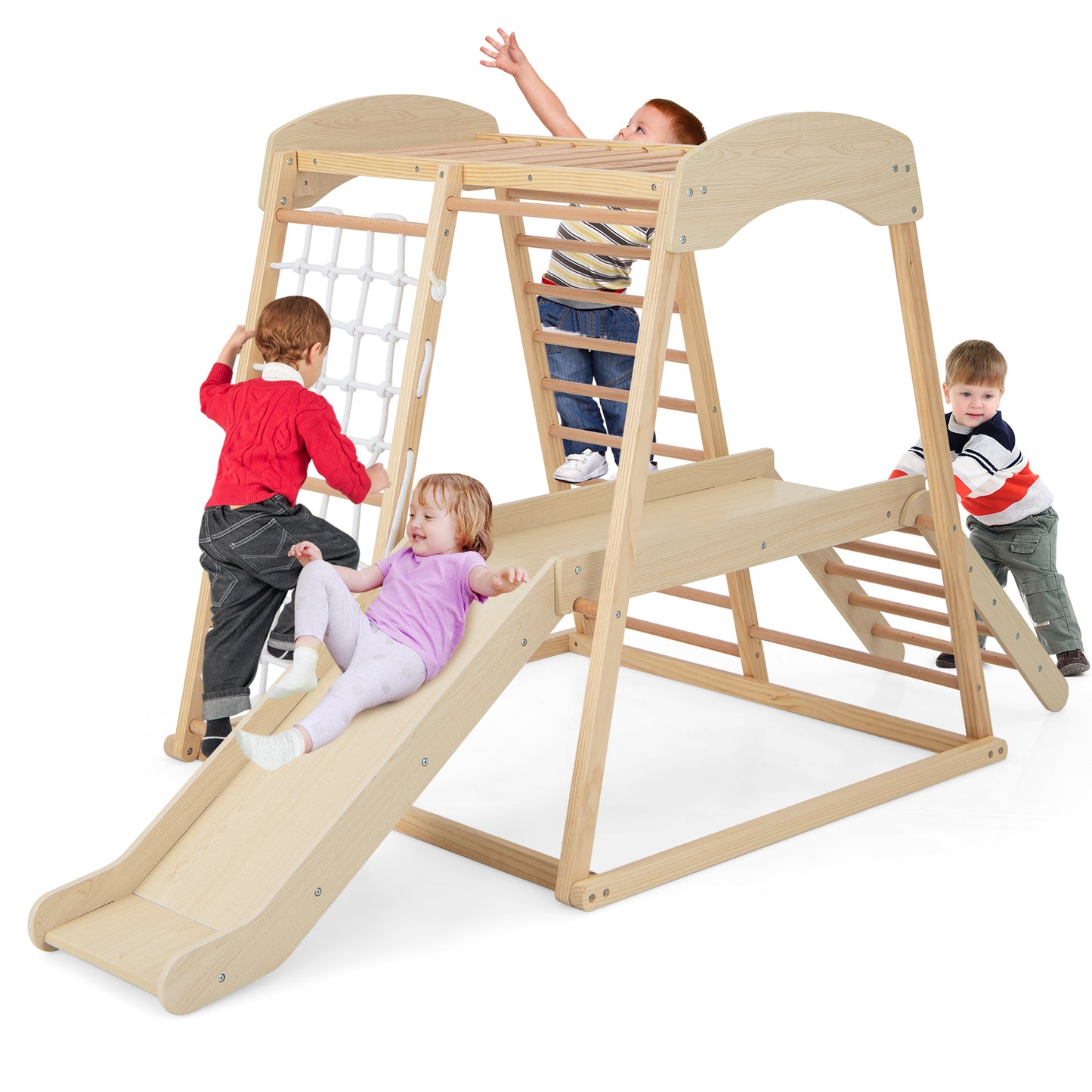 6-in-1 Indoor Jungle Gym Kids Wooden Playground Climber Playset-Multicolor
