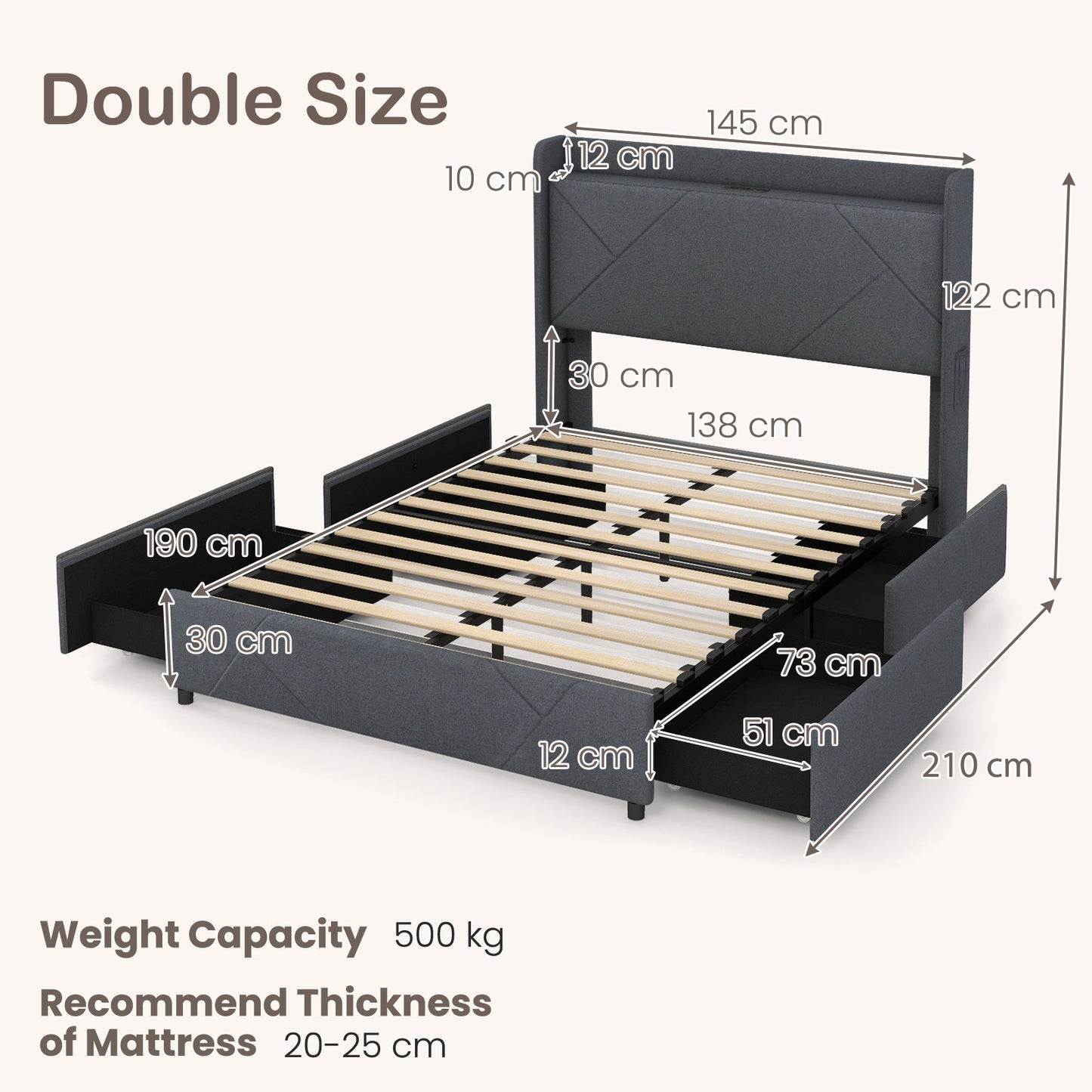 Double/King Size Bed Frame with LED Lights and Charging Station-King Size