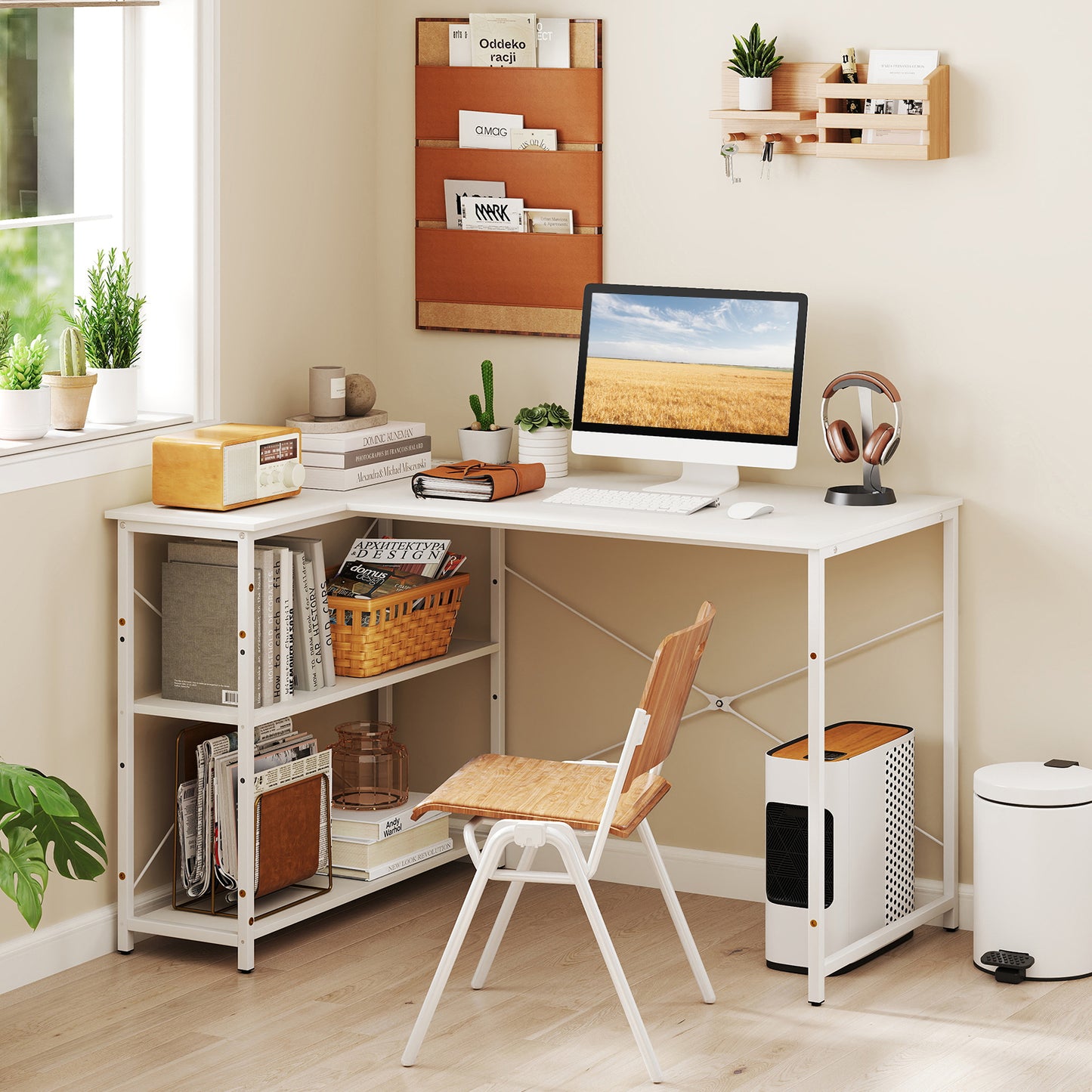 L-shaped Desk with Power Outlet with Reversible Adjustable Storage Shelves-Black