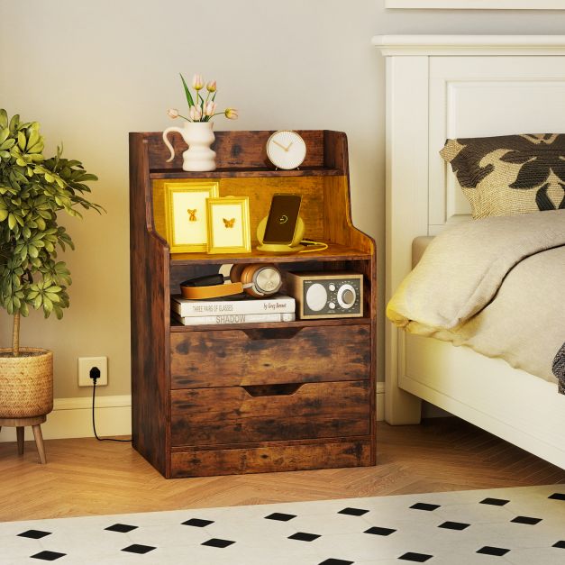 LED Nightstand with Charging Station 2-Drawer Bedside Table with Open Shelf Set of 2-Black