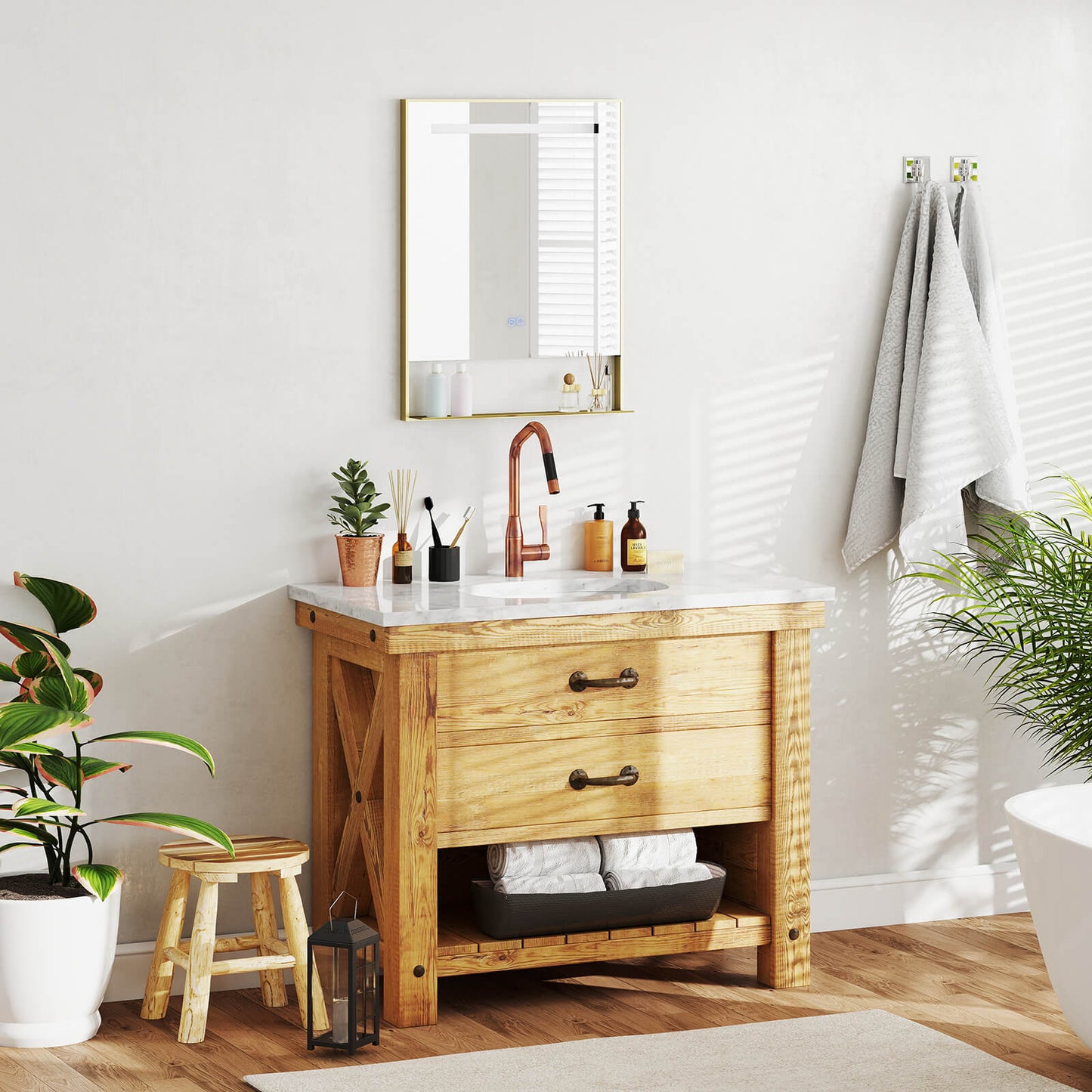 LED Bathroom Mirror with Shelf Aluminum Framed Right-angled Shape-Golden