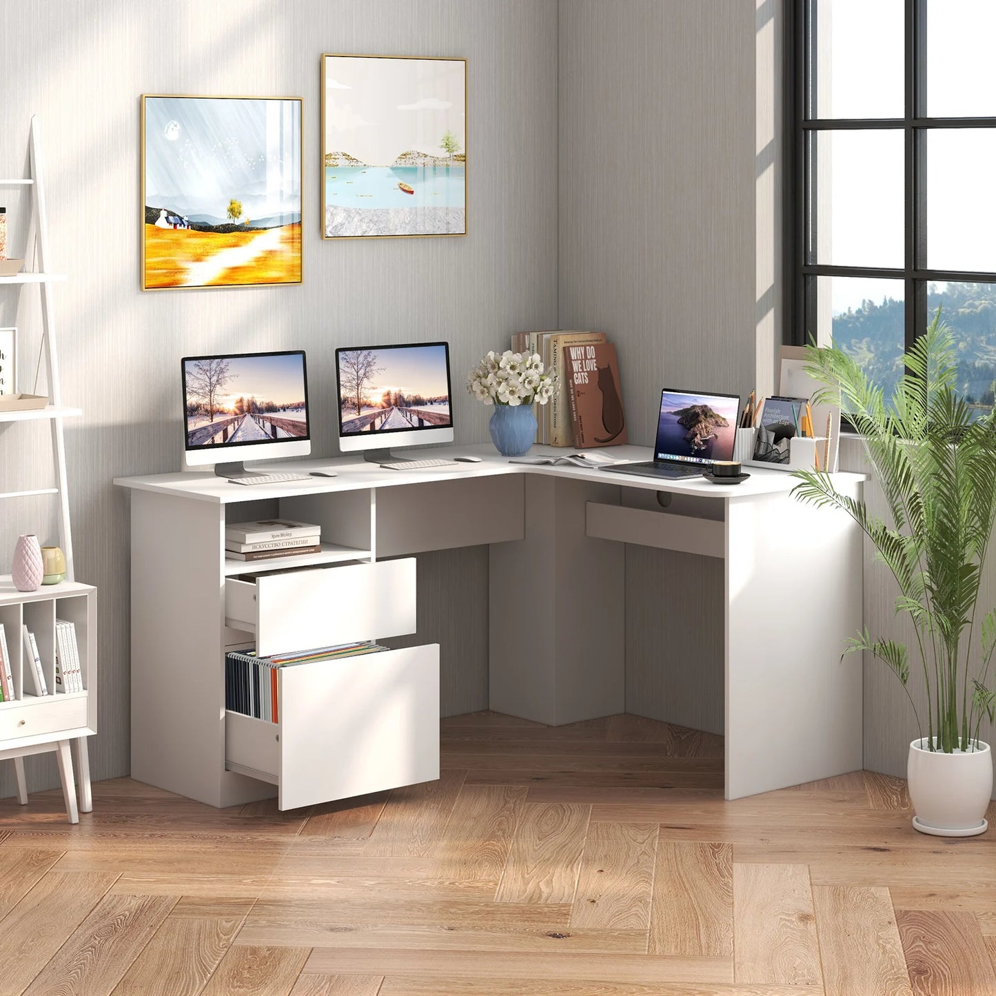 L Shaped Computer Desk with Letter File Drawer and Open Compartment-Walnut