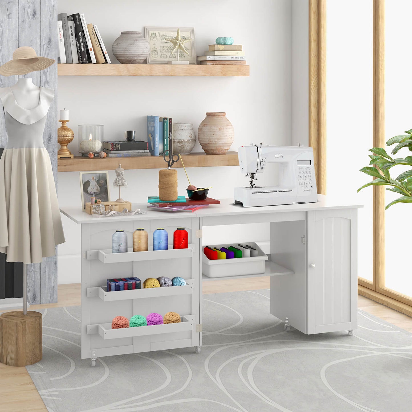 Large Foldable Sewing Table with Lockable Casters-Natural