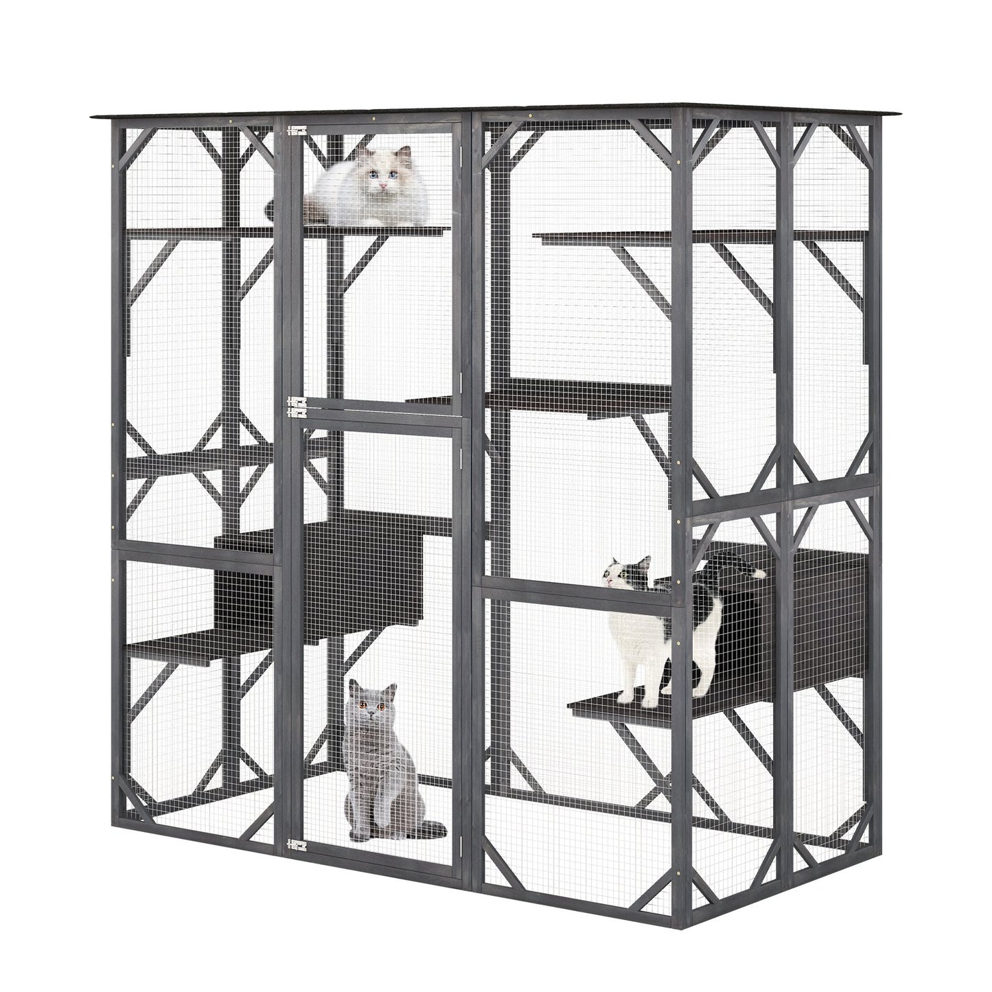 Large Wooden Cat House with Weatherproof Asphalt Roof and Enter Door-Grey