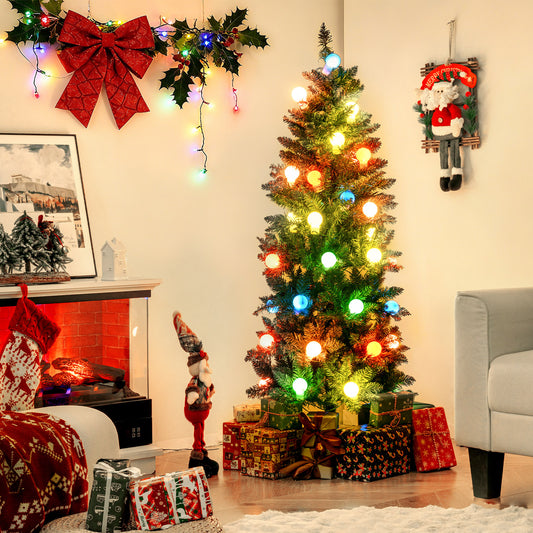 150 CM Pre-Lit Artificial Slim Pencil Hinged Christmas Tree with 39 Multicolored Globe LED Lights-1.5 M