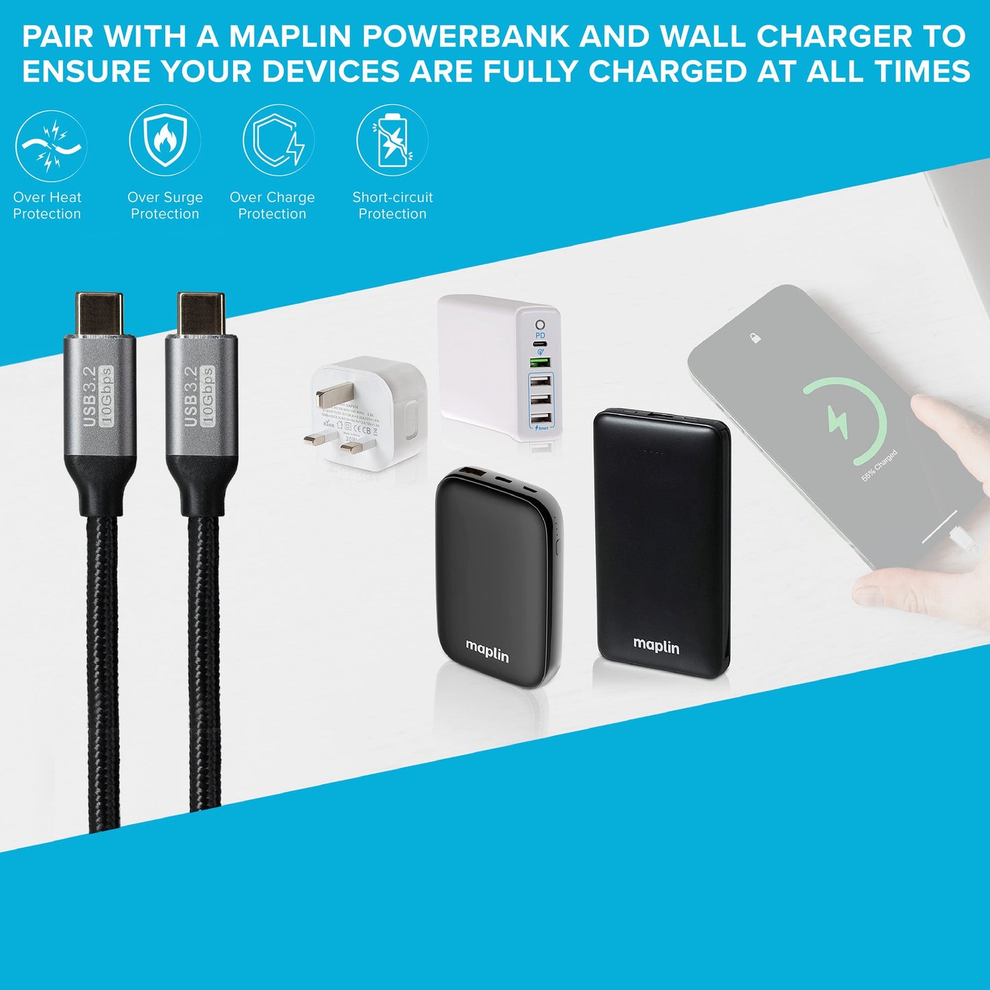 Maplin USB-C to USB-C 3.2 Gen2 100W 10Gbps Super Speed Cable - Black, 1m