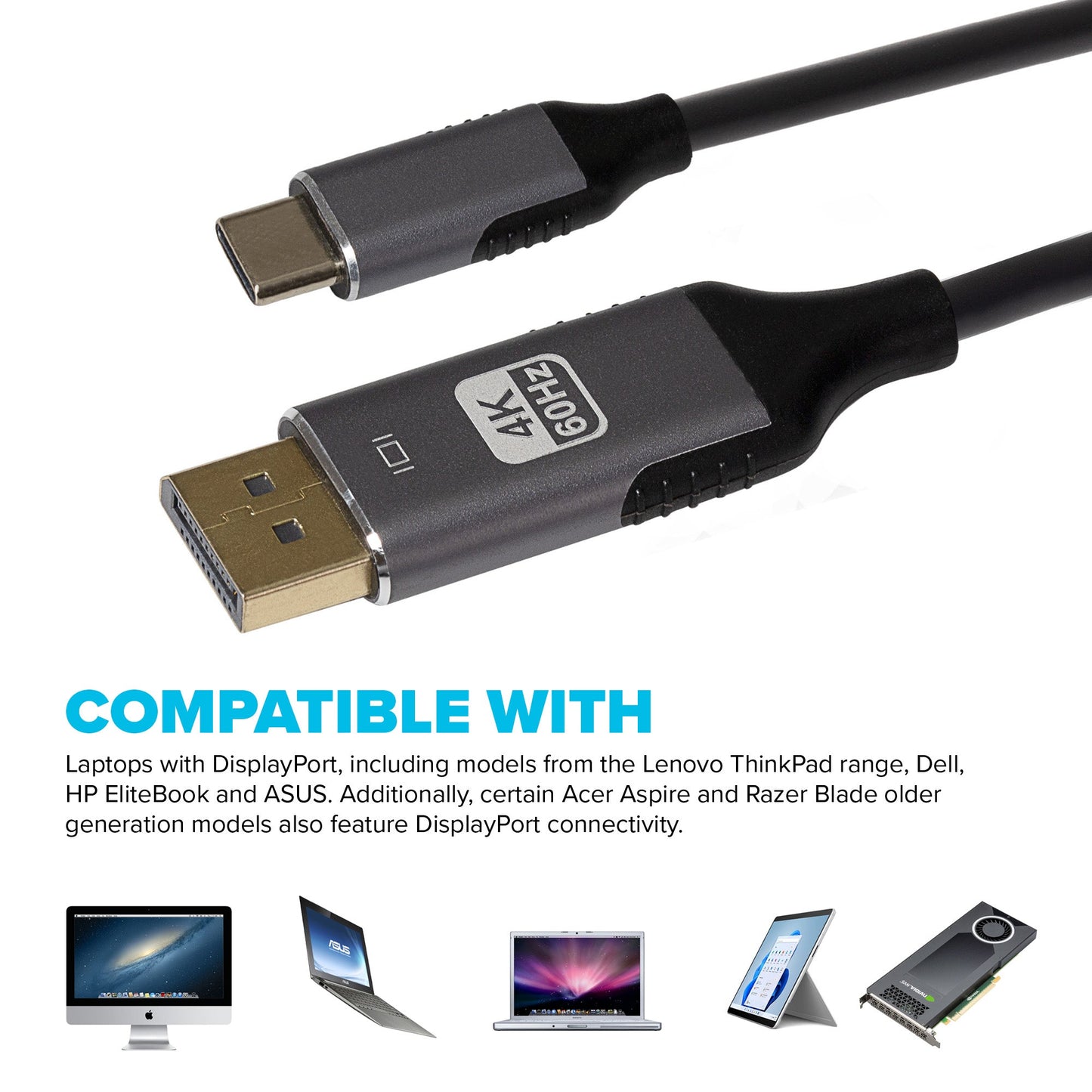 Maplin USB-C to DisplayPort Cable 4K@60Hz Ultra HD - 1.8m