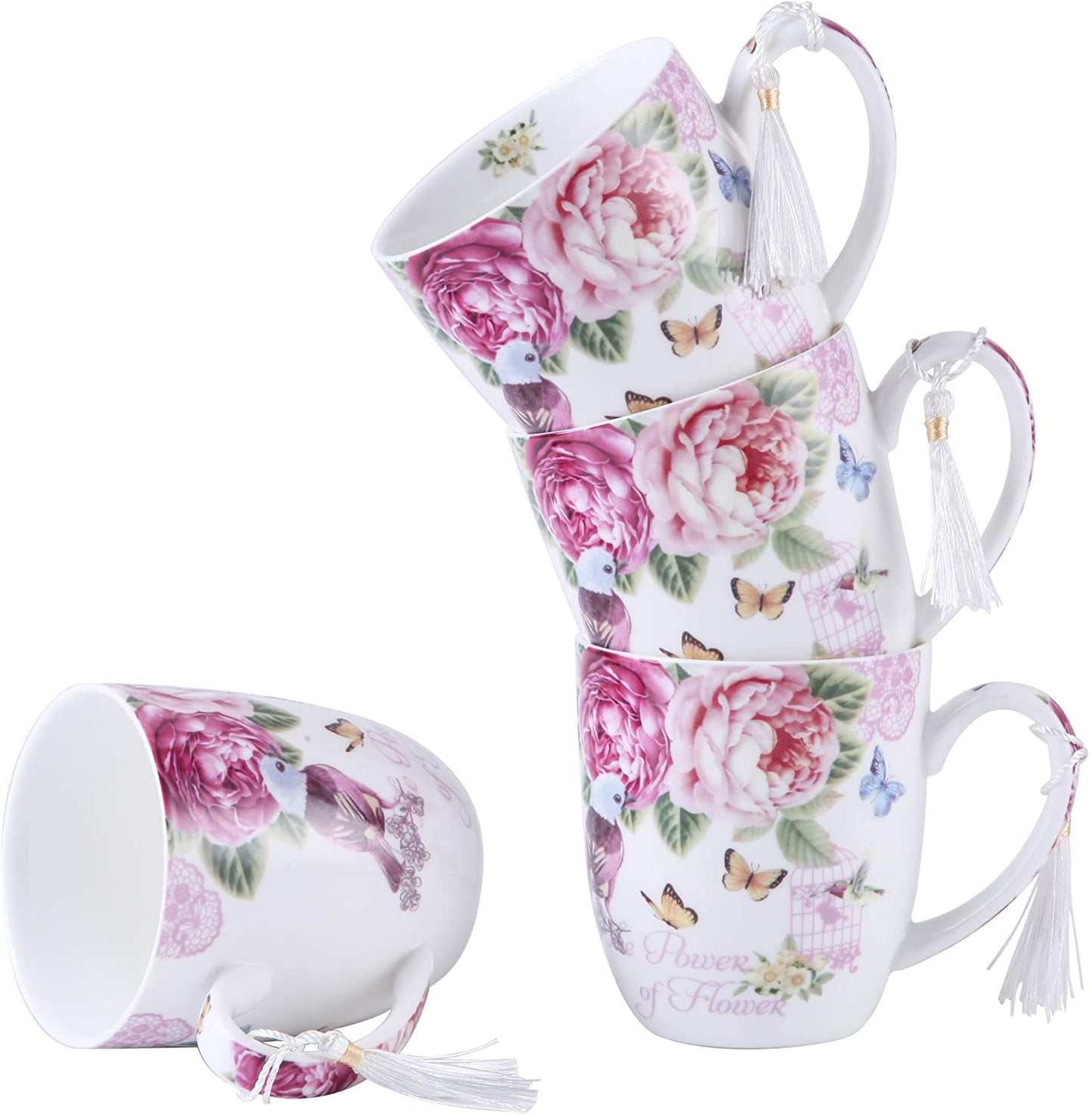 Cups Mugs Set 4 Fine China Shabby Chic Vintage Retro Design in Gift Box 330ML (Bird Rose Butterfly)