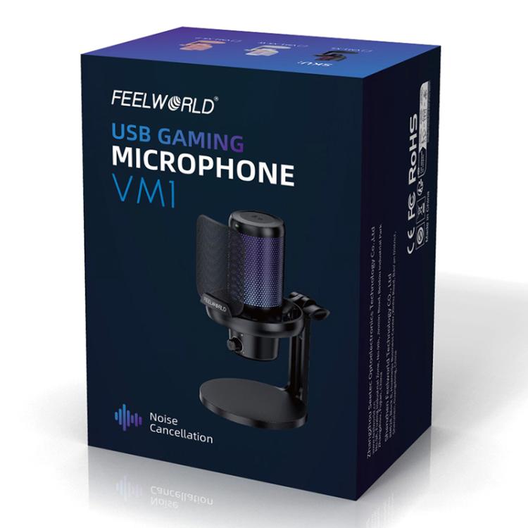 FEELWORLD VM1 USB Condenser Gaming Microphone for Streaming Noise Cancellation Mute RGB Light Desktop Stand (Pink)