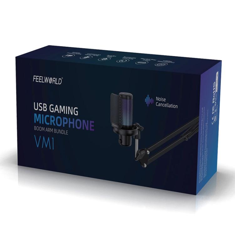 FEELWORLD VM1 USB Condenser Gaming Microphone for Streaming Noise Cancellation Mute RGB Light Boom Arm Stand (White)