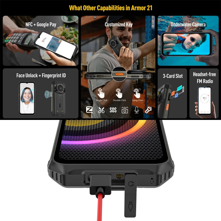 Dual Back Cameras, IP68/IP69K Waterproof Dustproof Shockproof, Face ID & Fingerprint Identification, 6.58 inch Android 13 MediaTek Helio G99 Octa Core up to 2.2GHz, Network: 4G, OTG, NFC, Global Version with Google Play, Armor 21