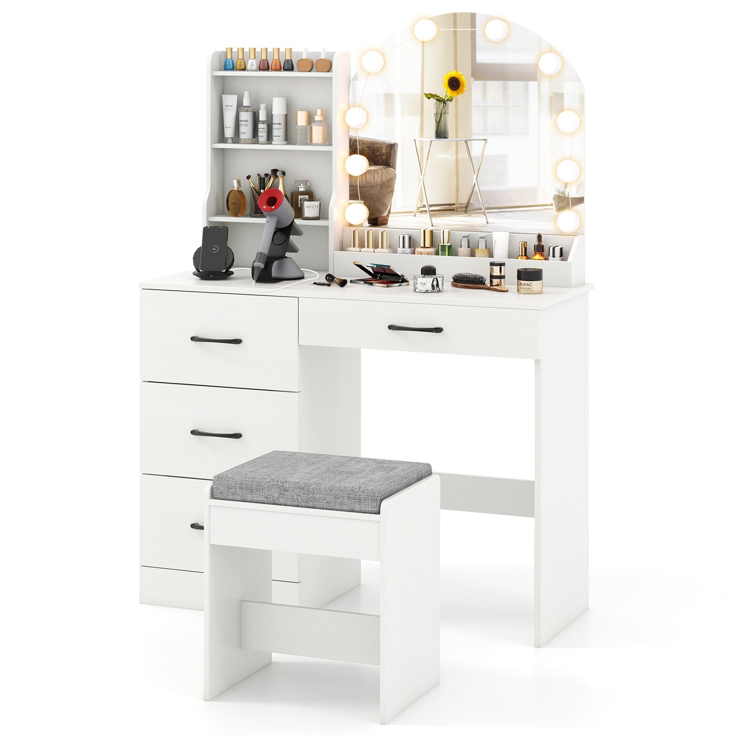 Makeup Vanity Desk with Mirror and Lights Dressing Table and Stool Set-Black