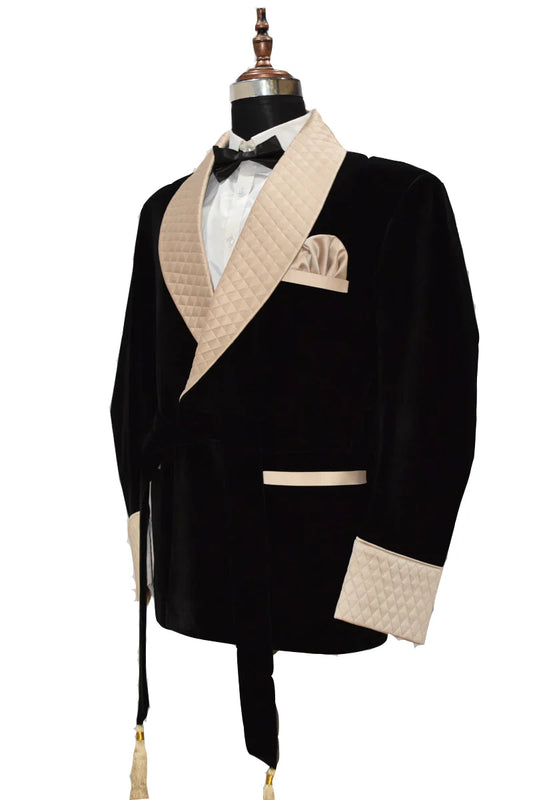 Men's Black Smoking Jackets Luxury Stylish Gold Quilted Blazer