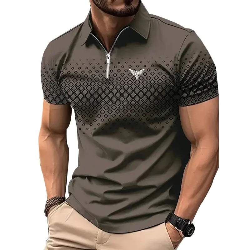 Men’s Summer Sporty Short Sleeve Polo Shirt – Casual Lapel Zipper, Printed Quick-Dry Polyester Top