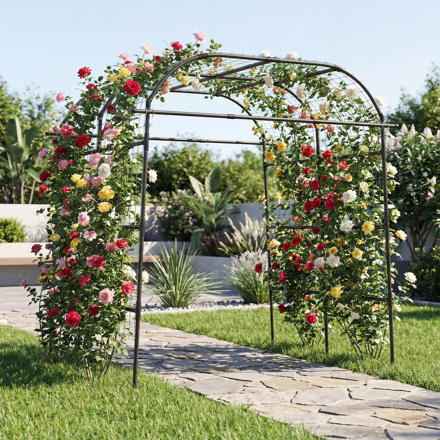 Metal Garden Arch Trellis for Climbing Plants Vegetables-Black