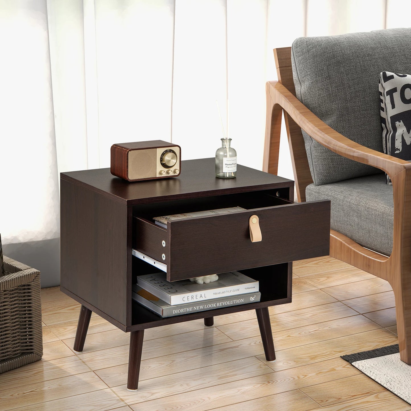 Mid-Century End Table Set fo 2 with Open Storage Shelf-Brown