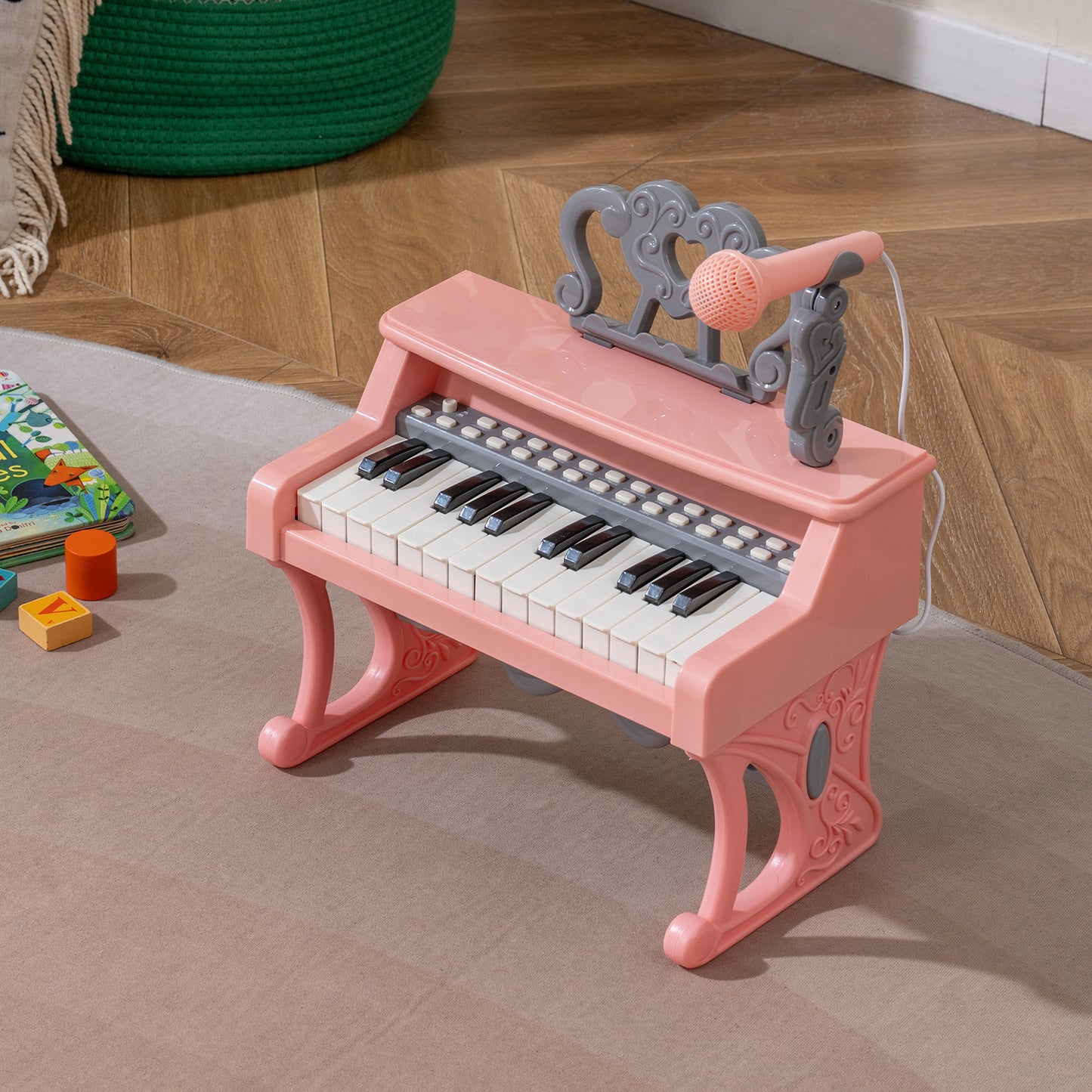 Mini Keyboard Piano for Kids 25 Keys Electric Piano with Music Stand and Microphone-Pink