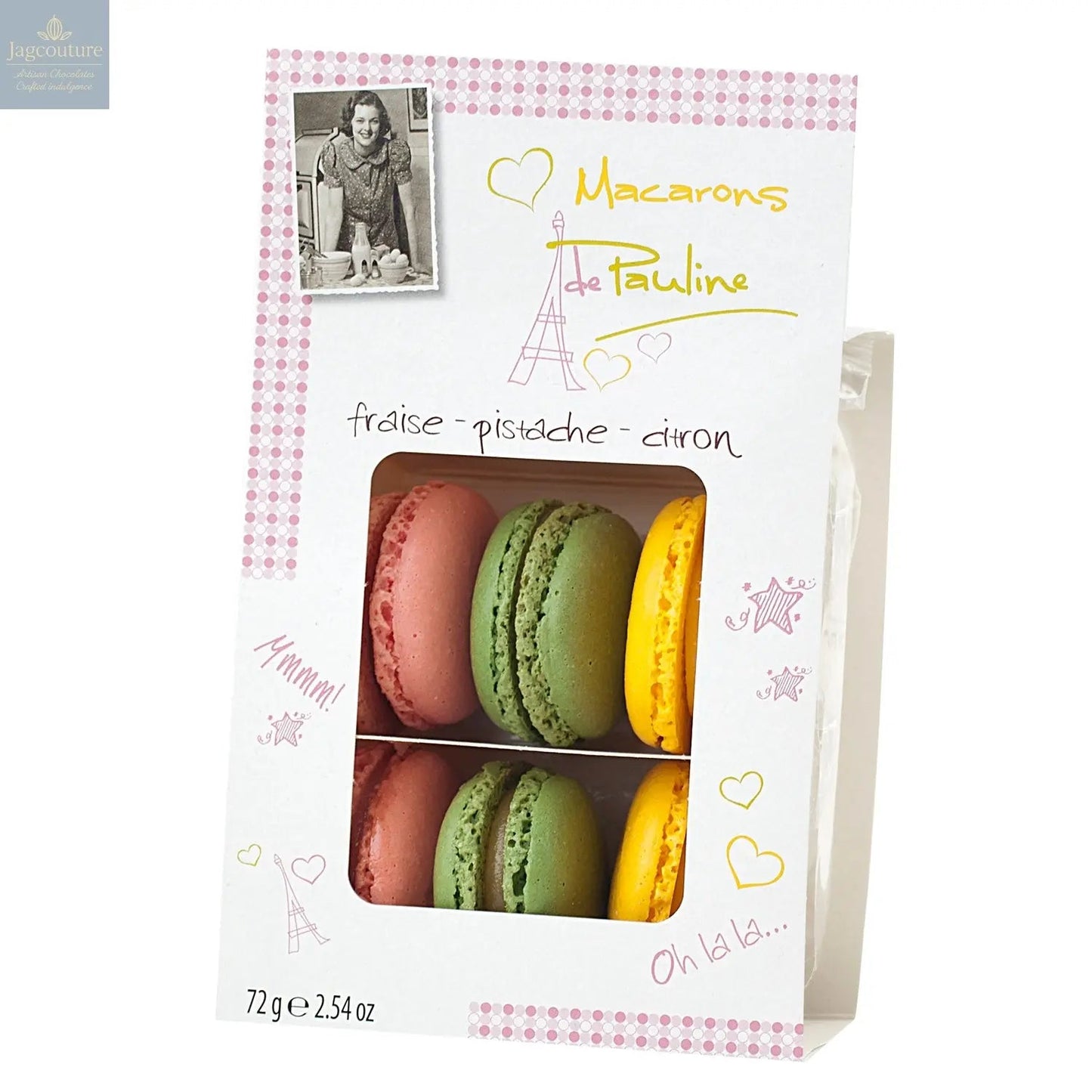 Mixed display of macarons - strawberry, pistachio and lemon - VAT FREE