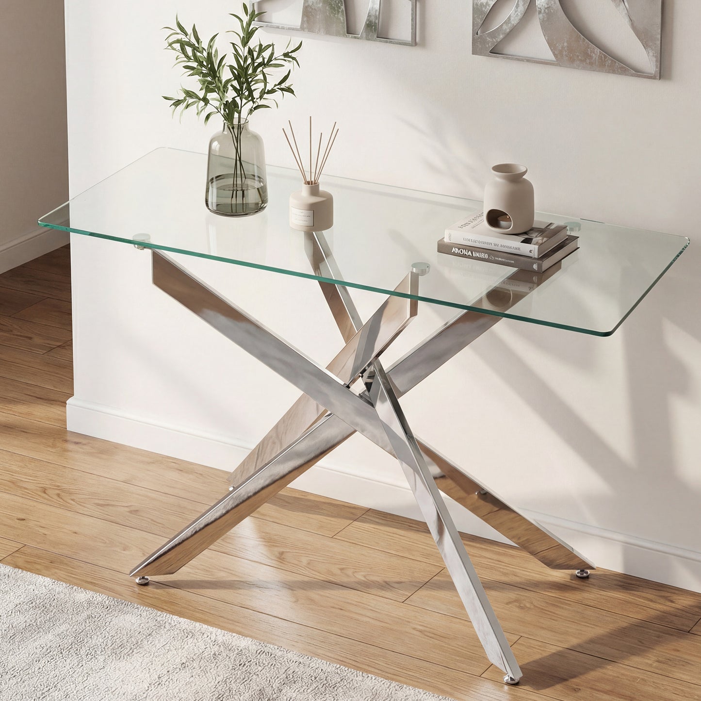 Modern Glass Console Table with Tempered Glass Top and Tubular Legs-Black