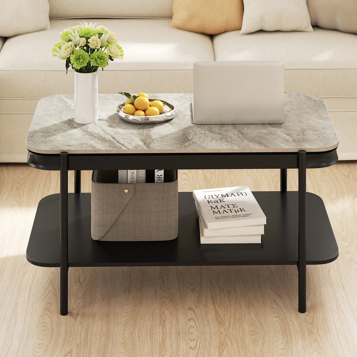 Modern Rectangular Coffee Table 2-Tier Center Table-Grey