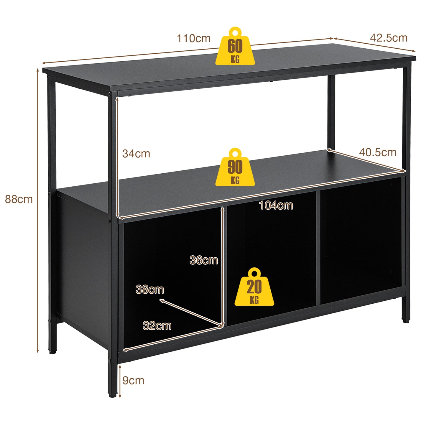 Modern Buffet Sideboard with Steel Frame Open Shelf and 3 Compartments-Rustic Brown