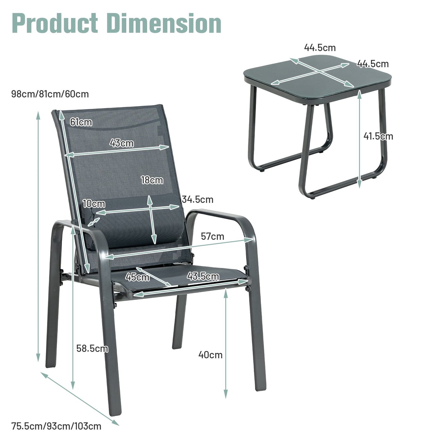 3 Pieces Patio Bistro Set with Coffee Table and 2 Stackable Chairs-Black